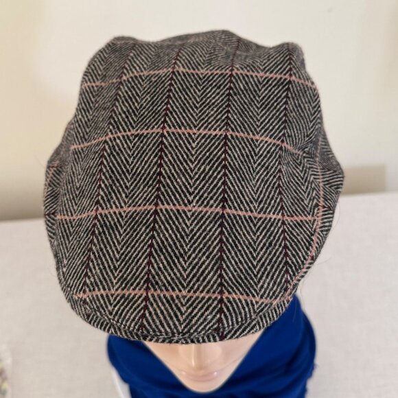 Handmade Mens Large Herringbone Pattern Wool Flat Cap Gray Plaid Newsboy - Picture 5 of 11
